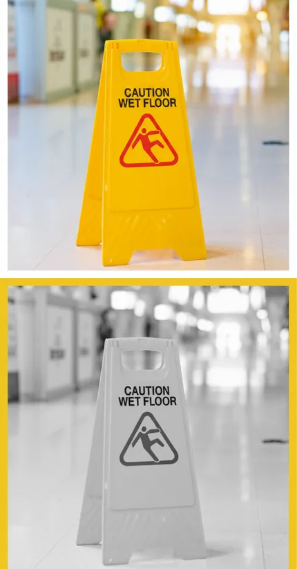 Wet floor caution sign, slip and fall injury hazard